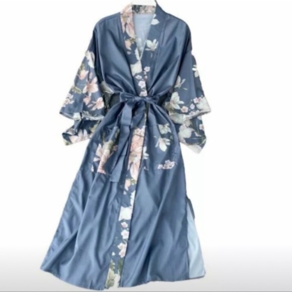 New Boho Blue Floral Gypsy Kimono - Picture 4 of 7